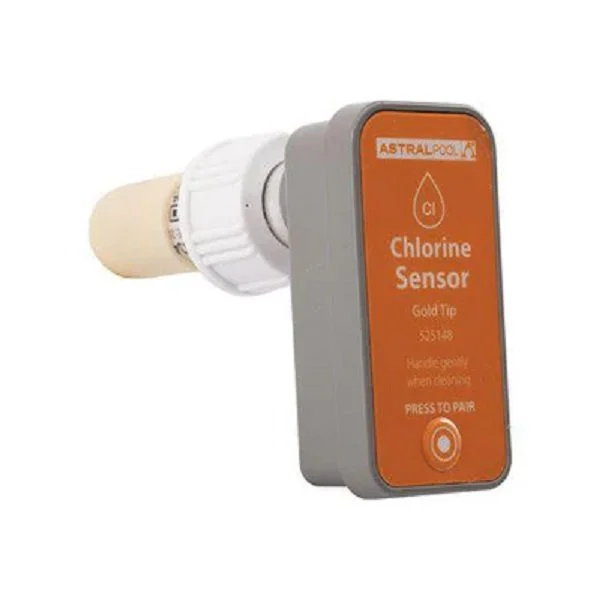 Portable chlorine sensor device with an orange label and white sensor input, used for water testing.