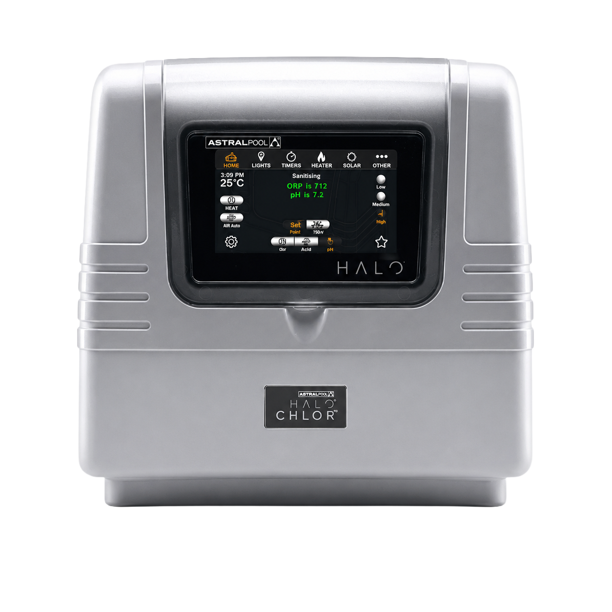 A modern pool sanitizing machine with a digital control panel displaying operational status and settings.