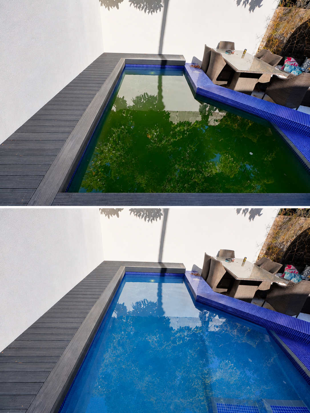 Comparison of a swimming pool filled with green algae in the top image and clear blue water in the bottom image, with an outdoor patio and table in the background.