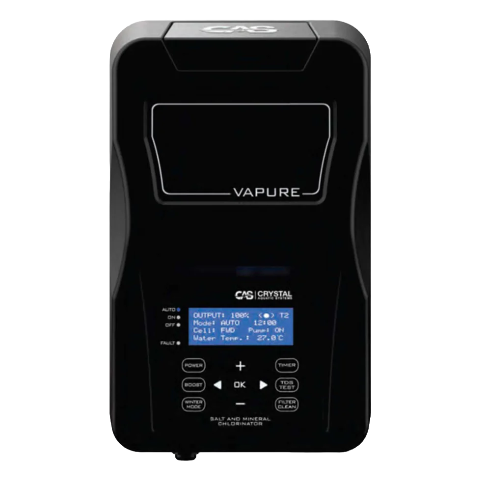 A black salt and mineral chlorinator device with a digital display screen showing operational details.