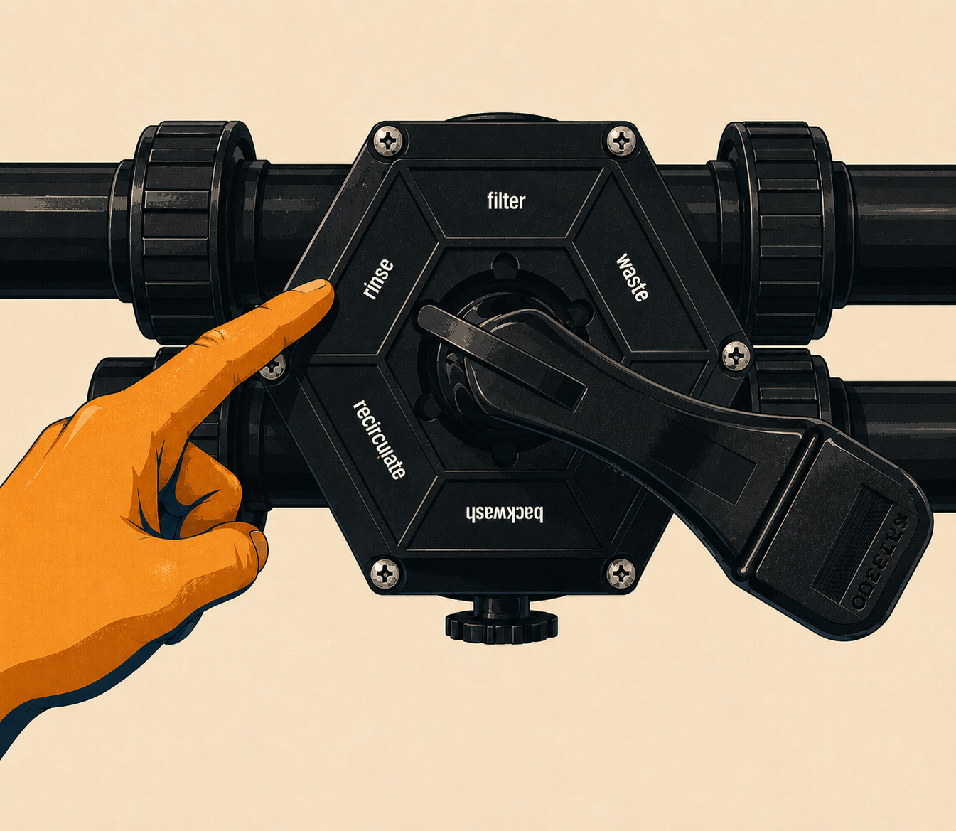A person with an orange glove is adjusting the settings on a black hexagonal valve on a water pipe system, with labeled options for filtering, waste, recycling, and rinsing.