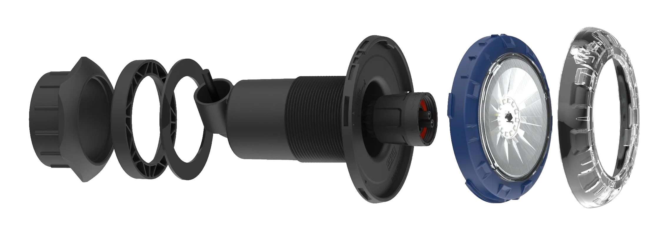 Exploded view of a camera lens with multiple internal components including rings, housing, and glass elements.