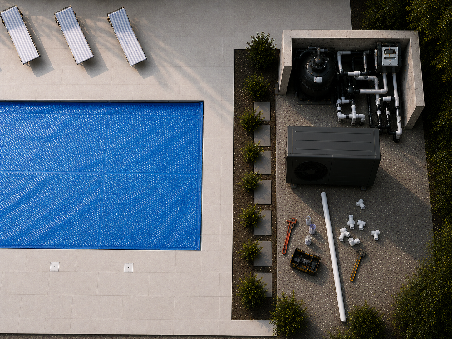 Top-down view of a swimming pool with a blue cover, four lounge chairs with striped cushions, and a utility area with various pipes, tools, and equipment.