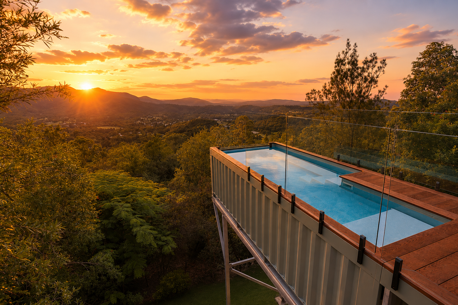 A rooftop pool on a modern building overlooking a scenic valley at sunset, with trees and mountains in the background and a colorful sky.