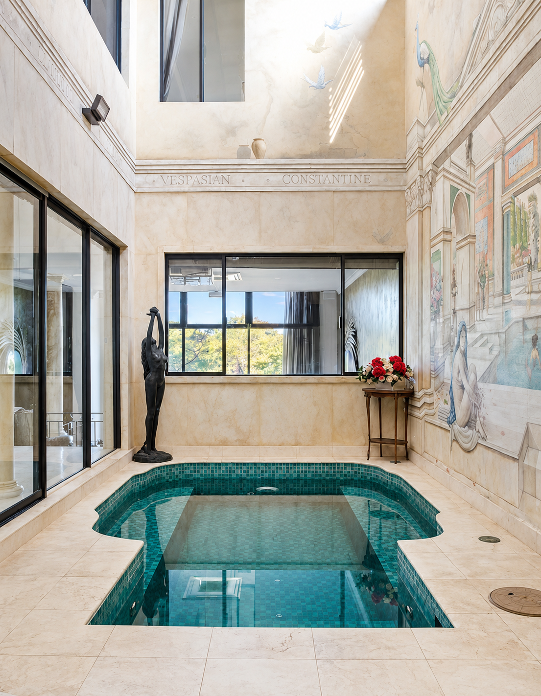 Indoor pool area with beige marble walls and floors, a black sculpture of a woman, a small table with a bouquet of red and pink roses, large window with trees outside, mural on the right wall, and the words 'Vespasian Constantine' carved in the cornice.
