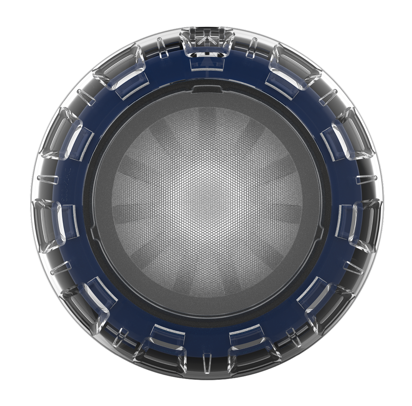 Top view of a circular LED light with a metallic diffuser in the center and a blue outer rim with transparent protective cover.