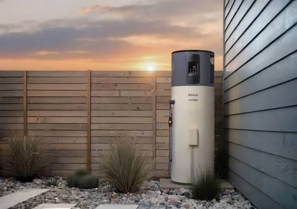 Outdoor scene with a wooden fence, ornamental grasses, and a water heater tank next to a house, at sunset.