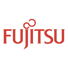 Fujitsu logo in red text with a stylized infinity symbol above the 'U'