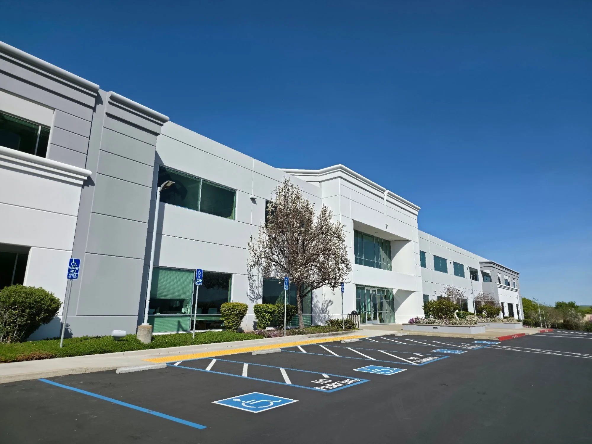 White office or commercial building with parking lot in foreground, featuring several handicap parking spaces marked with blue paint and icons. There are small trees and bushes outside the building, under a clear blue sky.