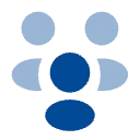 Icon of five interconnected blue circles representing a network or group