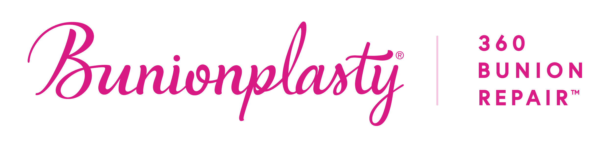 Logo of Bunionoplasty 360 Bunion Repair in pink cursive and block text.