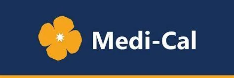 Medi-Cal logo with a yellow flower and white text on a dark blue background.