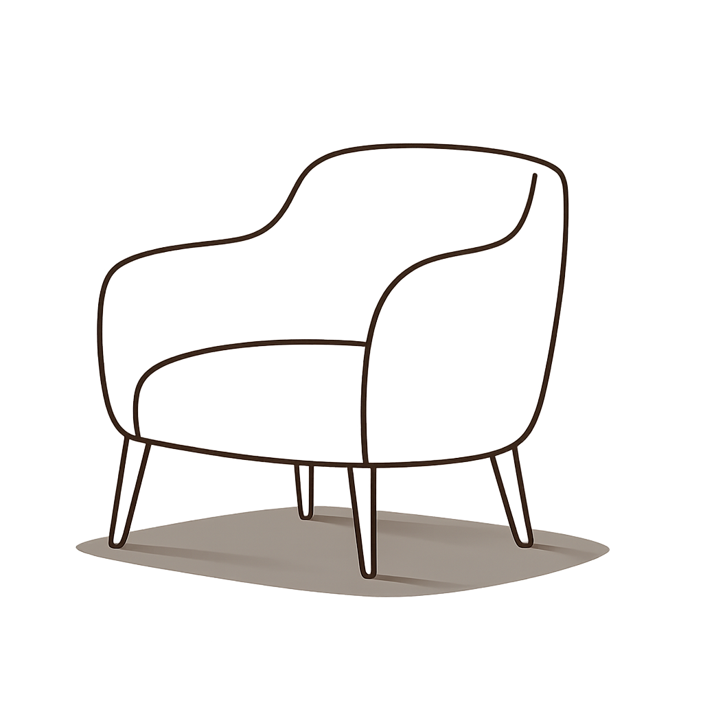 A modern armchair with beige upholstery and dark wooden legs, positioned on a light-colored rug.