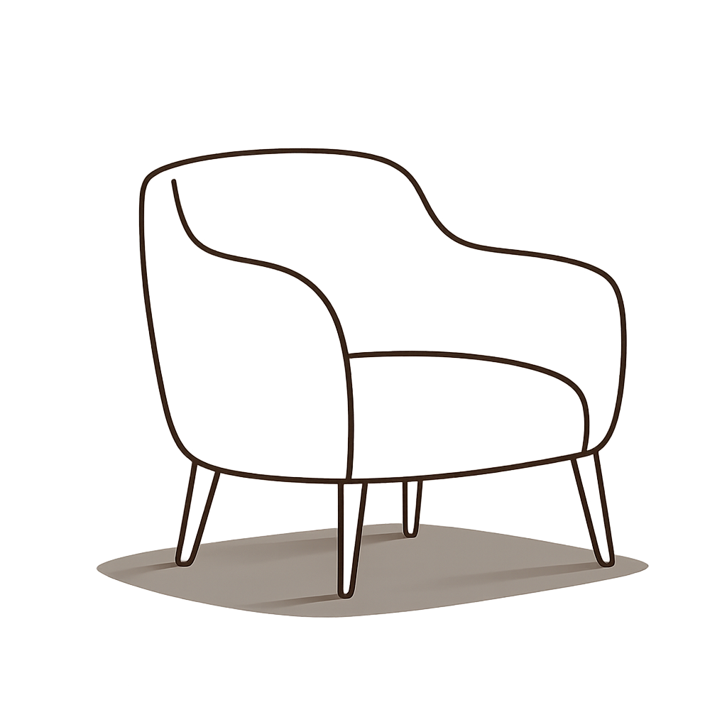 A beige armchair with wooden legs placed on a small white rug, positioned next to a blue table or cabinet against a black background.
