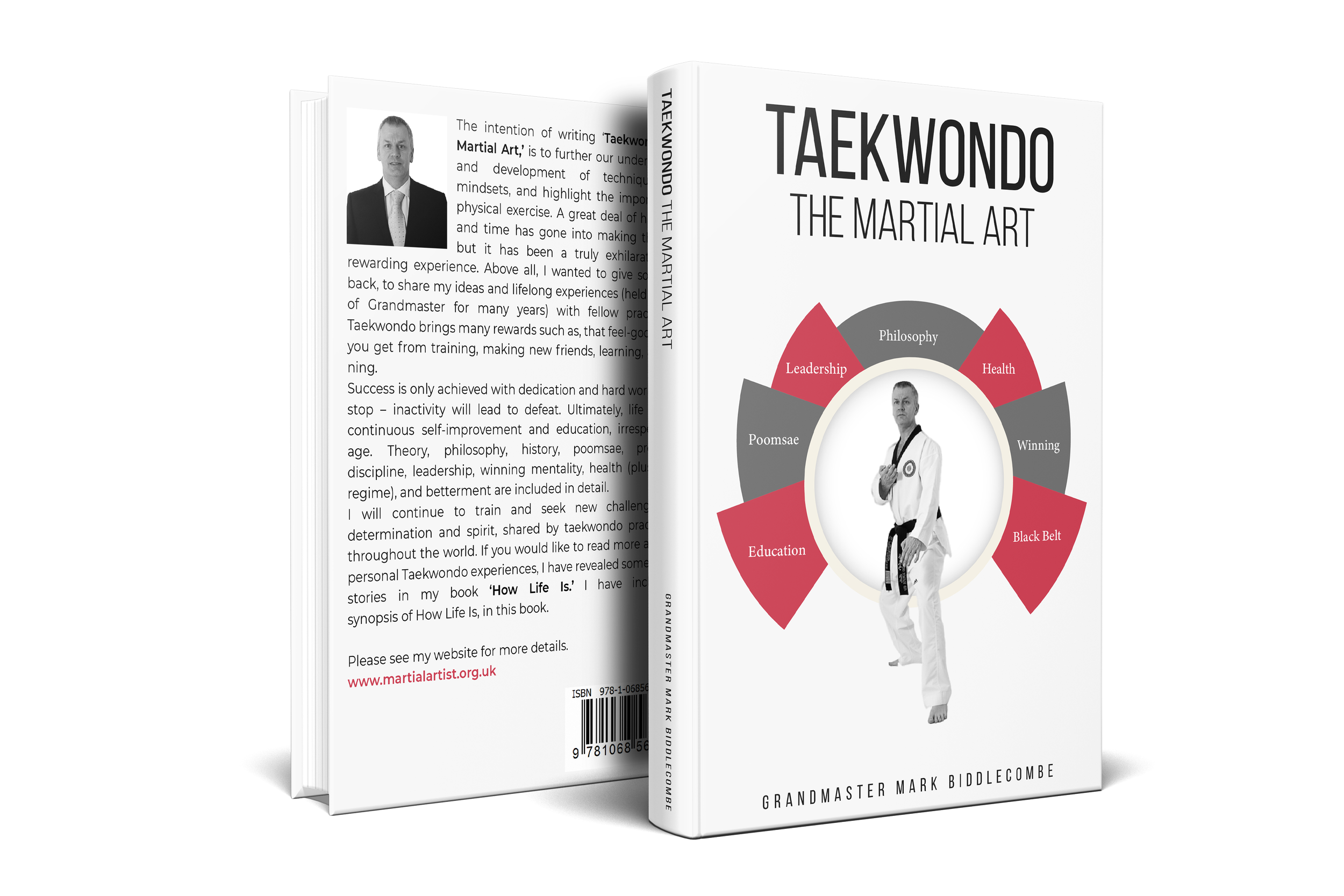 A book titled 'Taekwondo: The Martial Art' with an image of a martial artist in a white uniform with a black belt, surrounded by a circular diagram highlighting aspects like leadership, education, health, and winning.