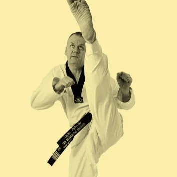 Martial artist performs a high kick in a martial arts uniform with a black belt.