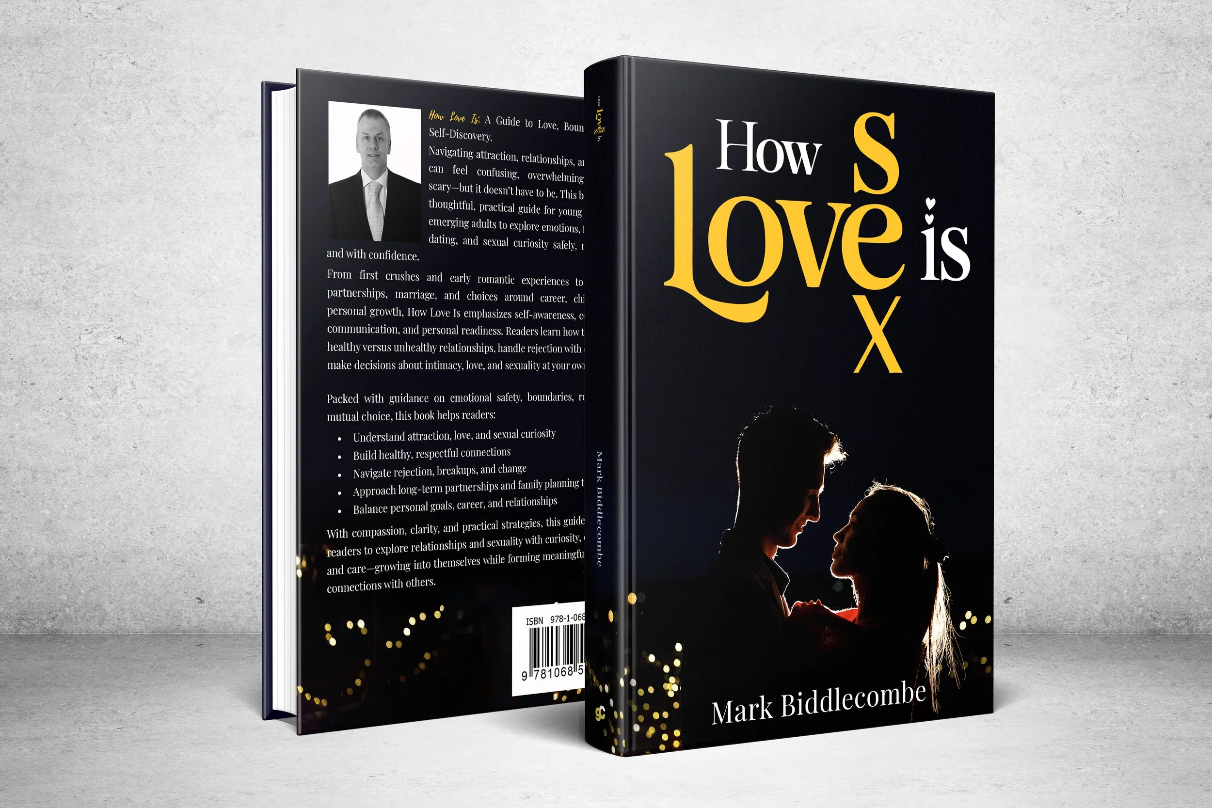 Book titled "How Love Is" by Mark Biddlecombe featuring a silhouette of a man and woman facing each other with a dark background and yellow text.