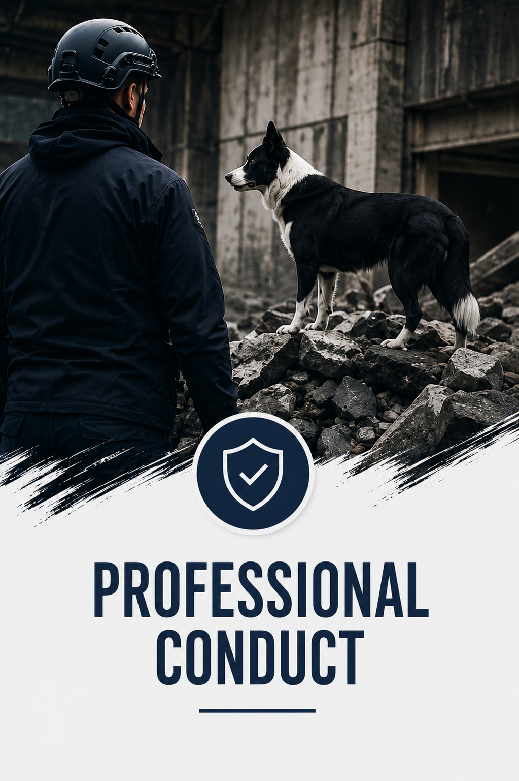 HRD Dog handler and search dog working in a rubble environment during professional HRD training. HRD, Victim Recovery Dog Training. Cadaver Dog training