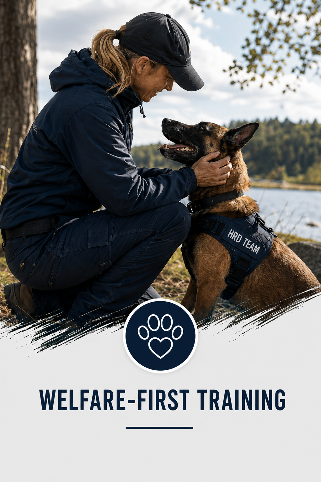 HRD dog handler reassuring a Belgian Malinois beside a lake during welfare-first Human Remains Detection training. HRD, Victim Recovery Dog training.