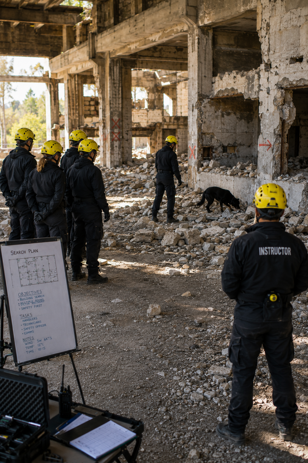HRD workshop teams observing a search dog working inside a damaged building during operational training. HRD, Victim Recovery, Cadaver Dog training.