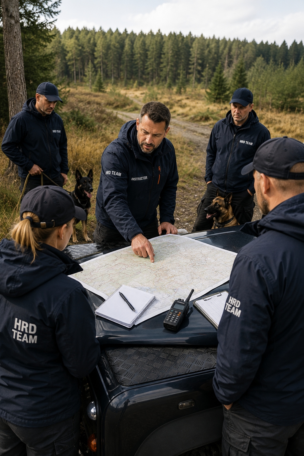 Operational HRD workshop briefing in woodland with handlers gathered around a map and working dogs nearby. HRD, Victim Recovery Dog Training. Cadaver Dog training