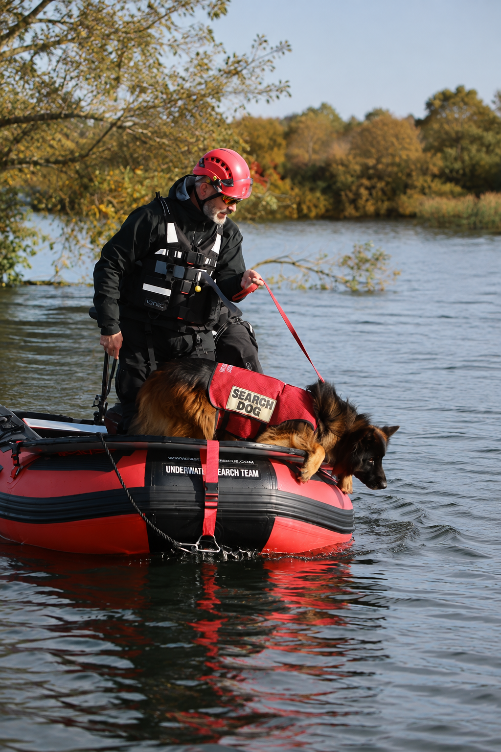HRD dog handler and HRD dog conducting boat-based Human Remains Detection water search training. HRD, Victim Recovery Dog Training. Cadaver Dog training. Underwater search.