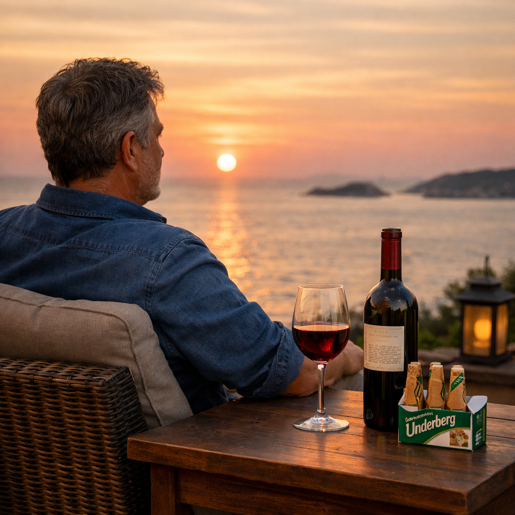 En mand sidder på en terrasse med udsigt over havet under solnedgang, med et glas rødvin og en flaske vin på bordet.