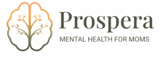 Logo for Prospera, a mental health organization for moms, featuring a tree with orange and gray leaves.