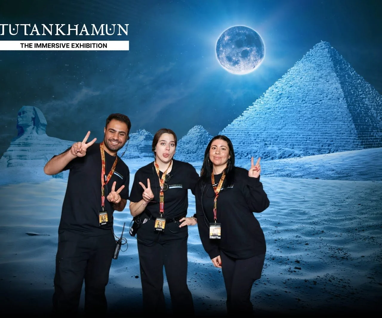 Event team working at the Tutankhamun immersive exhibition, capturing teamwork during a live exhibition shift.