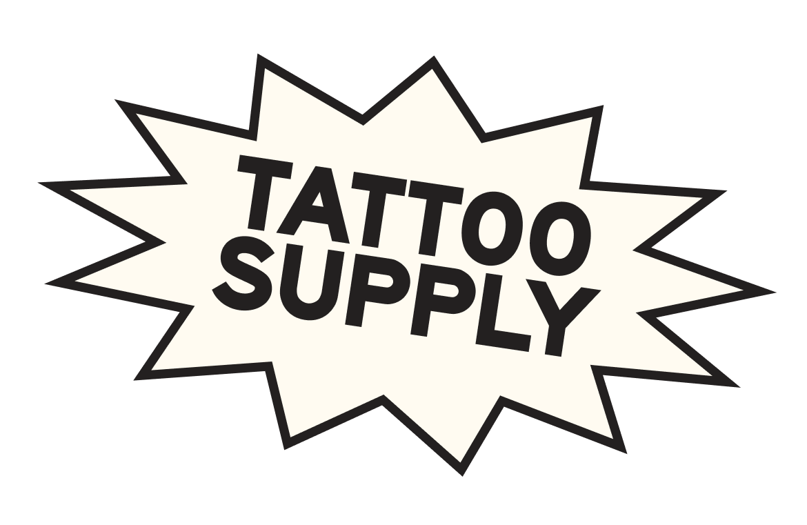 A comic-style starburst sign with the text 'Tattoo Supply' in bold letters.