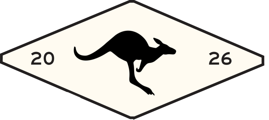 A logo with a black kangaroo silhouette in the center, flanked by the numbers 20 and 26 on a white diamond-shaped background.