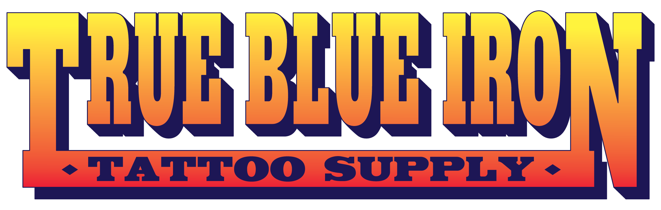 Logo for True Blue Iron Tattoo Supply with orange and yellow gradient text and a red underline.