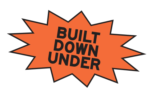 Text in an orange starburst shape that says 'Built Down Under' in black letters.