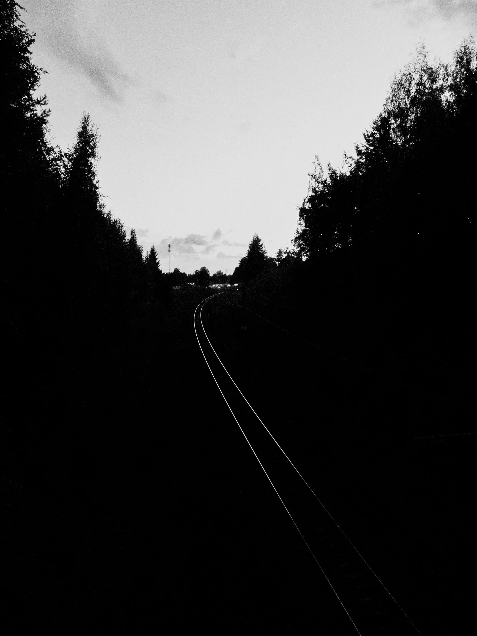 Musta ja valkoinen kuva rautatien raiteista, jotka kulkevat metsikön läpi iltahämärässä, puita ja taivasta taustalla.