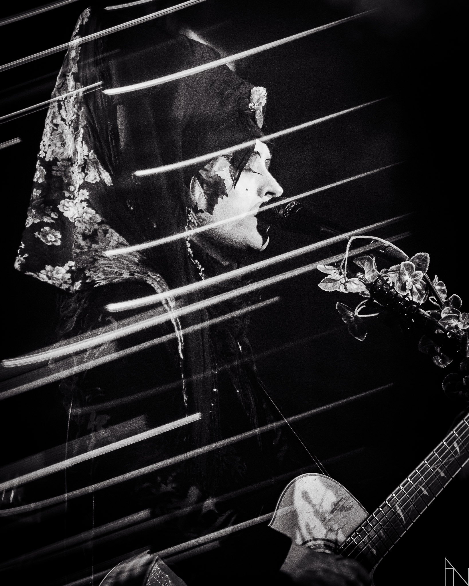 Mustavalkoinen kuva naisesta laulamassa ja soittamassa kitaraa mikrofonin kanssa, taustassa valojuovia.