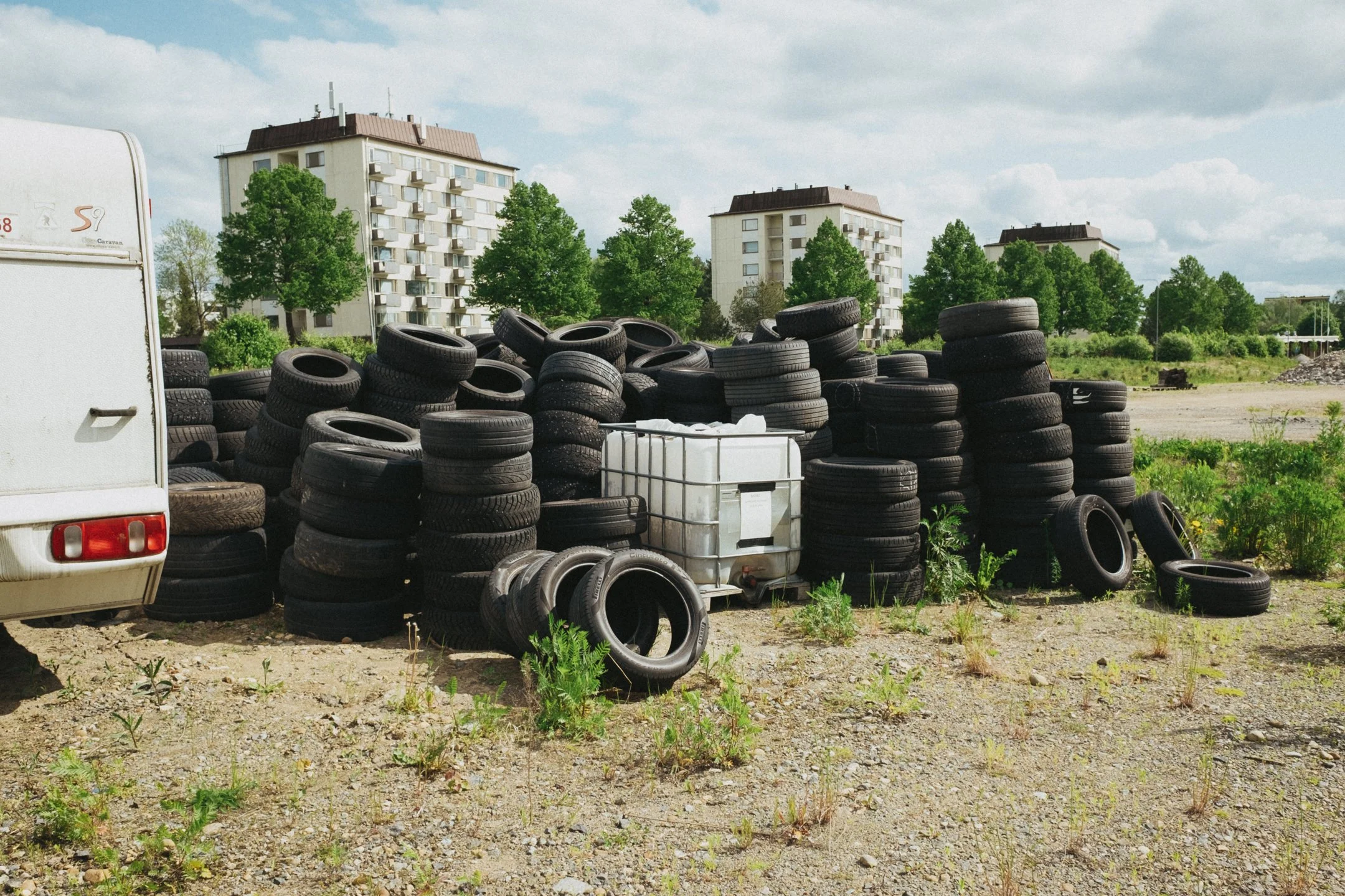 Rengaskasa, taustalla kerrostaloja ja puita, taivas pilvinen.