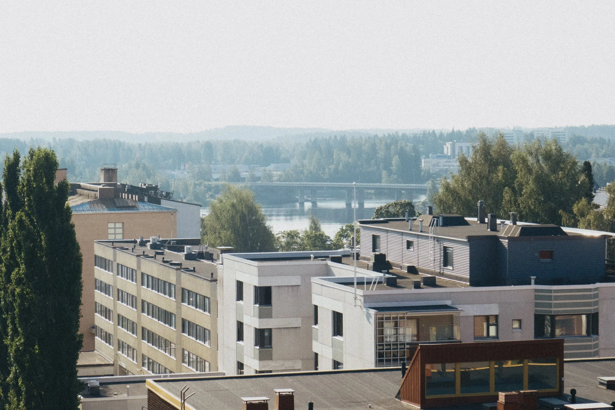 Kuva kaupungin kerrostaloista ja rakennuksista, joen ja metsän taustalla. Kuvattu Naisvuorelta Mikkelissä.