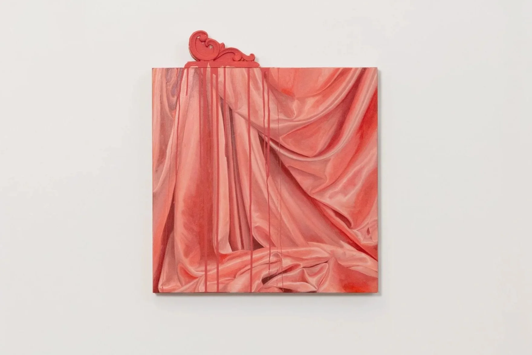 Mixed media artwork featuring flowing, draped fabric in shades of pink and red, with paint drips at the top edge.