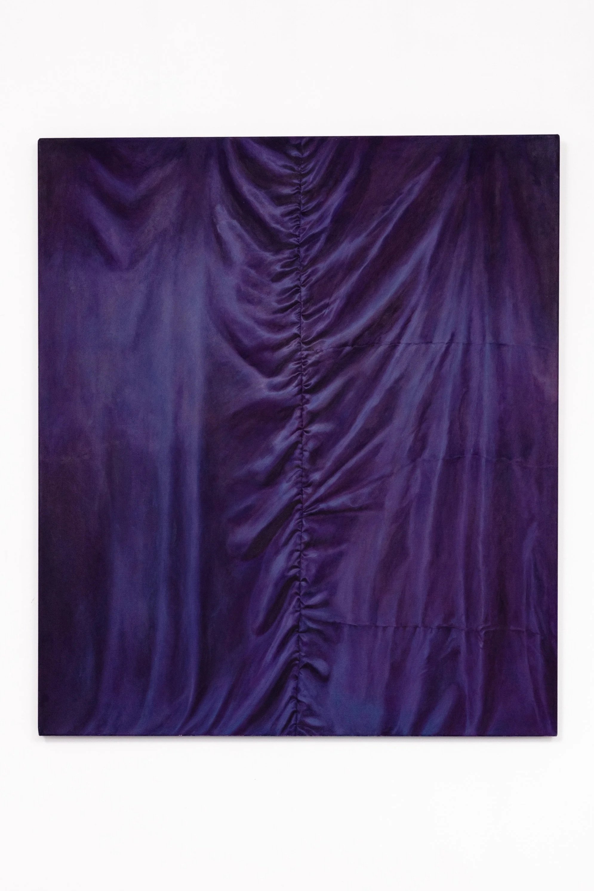 A painting of purple satin fabric with a central gathered seam, displayed on a white gallery wall.