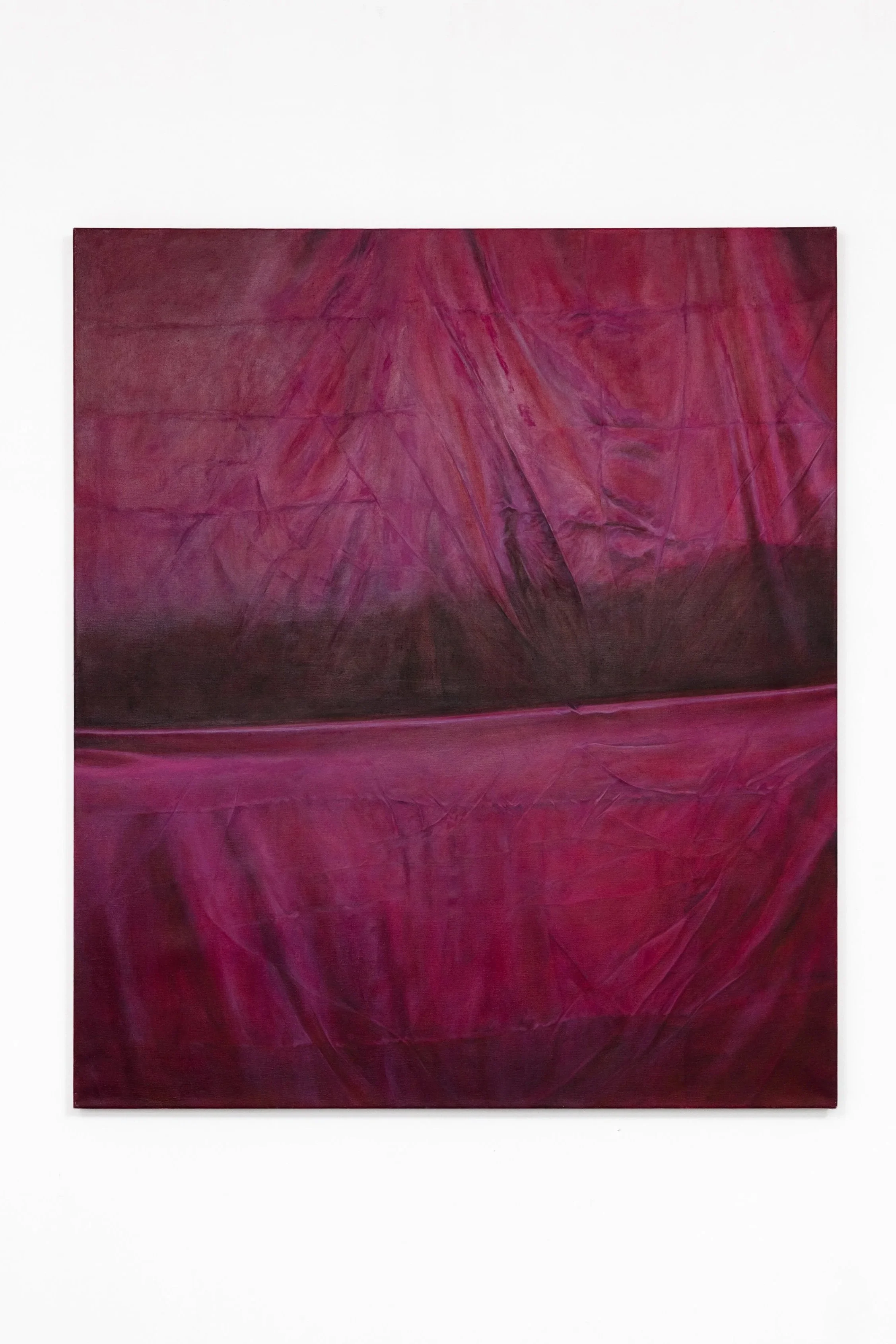 Abstract painting with shades of pink, purple, and red featuring flowing lines and textures.