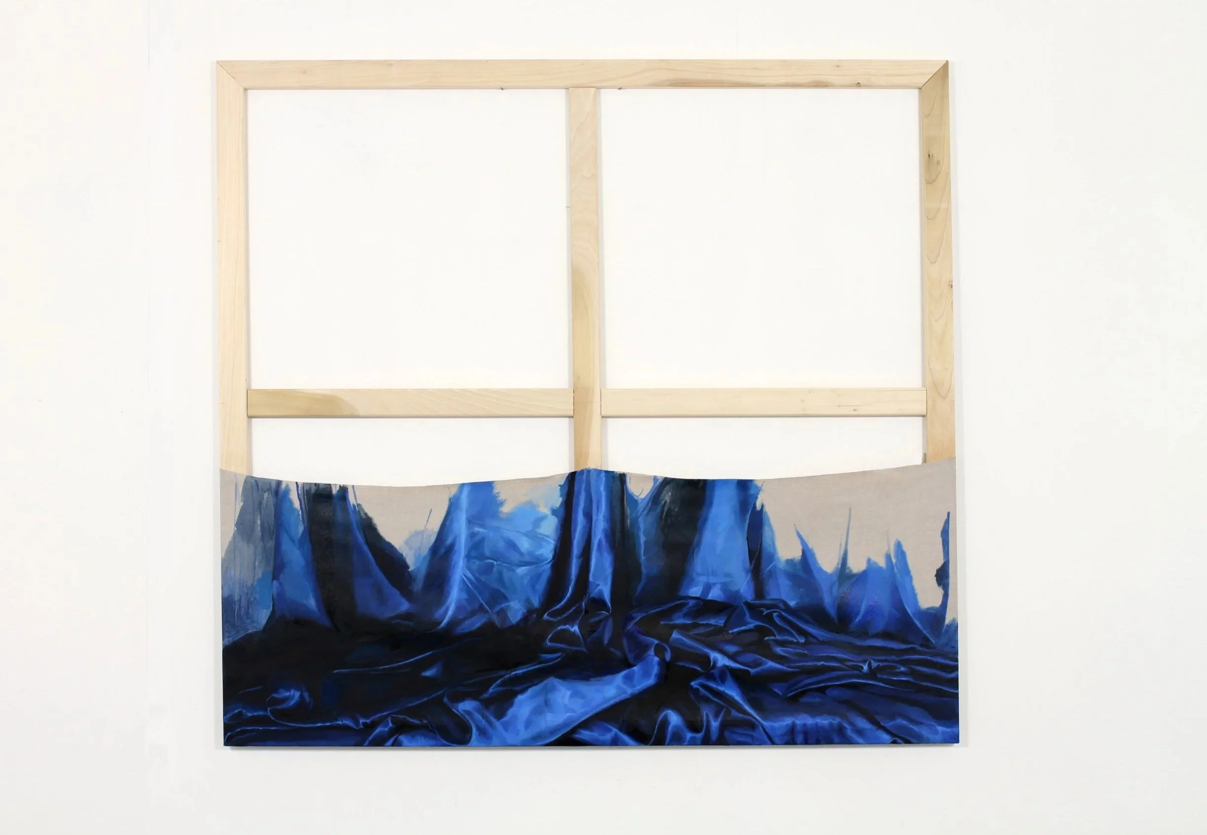 A mixed media artwork features a painted bed with flowing dark blue and black sheets, a white wall backdrop, and a wooden frame structure above the bed.