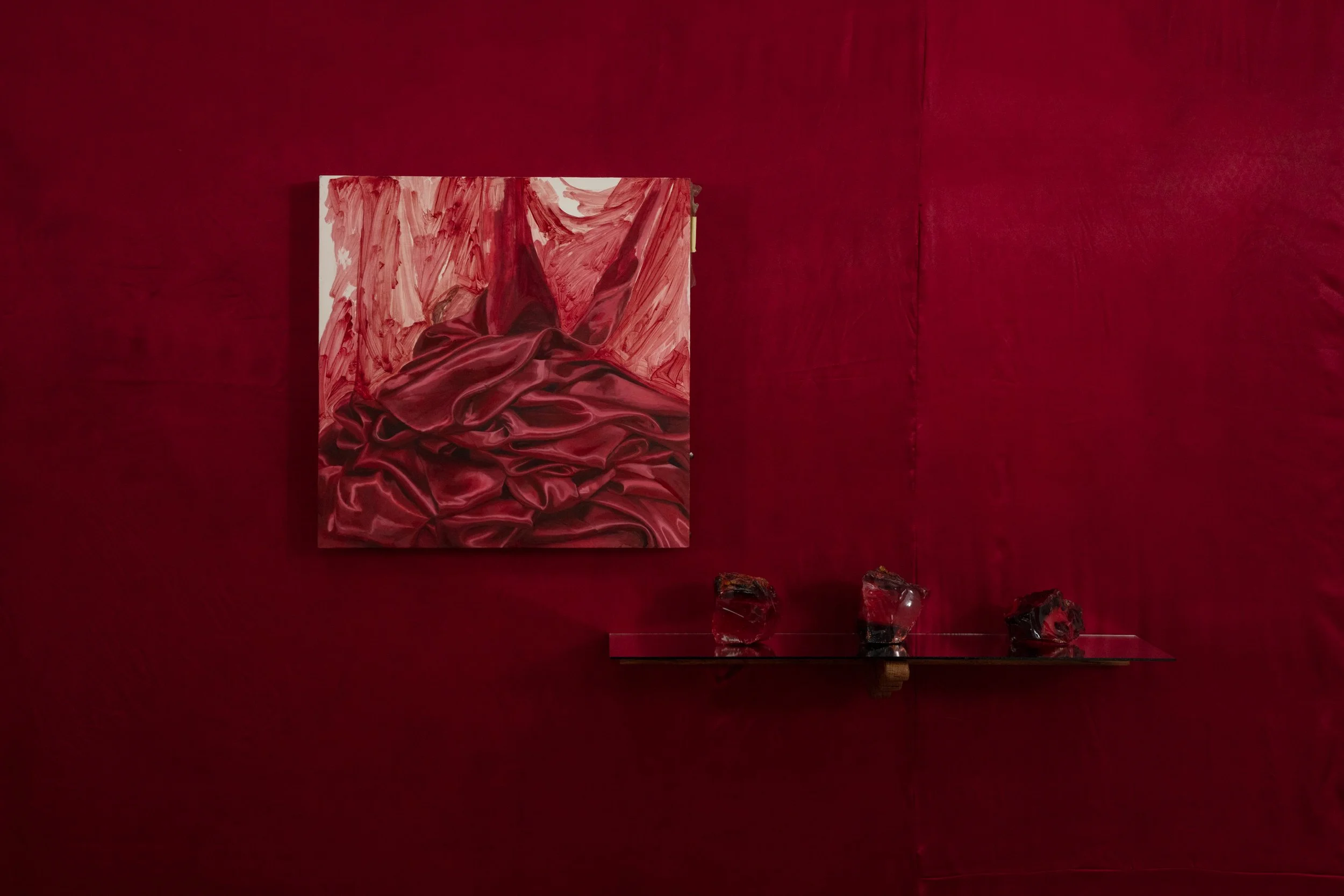Flesh of My Flesh 2026
Painting: Oil on drawer from Huntarian Museum 
55 x 53 x 5cm
Shelf: Oak and mirror with raw glass
24 x 82 x 22cm