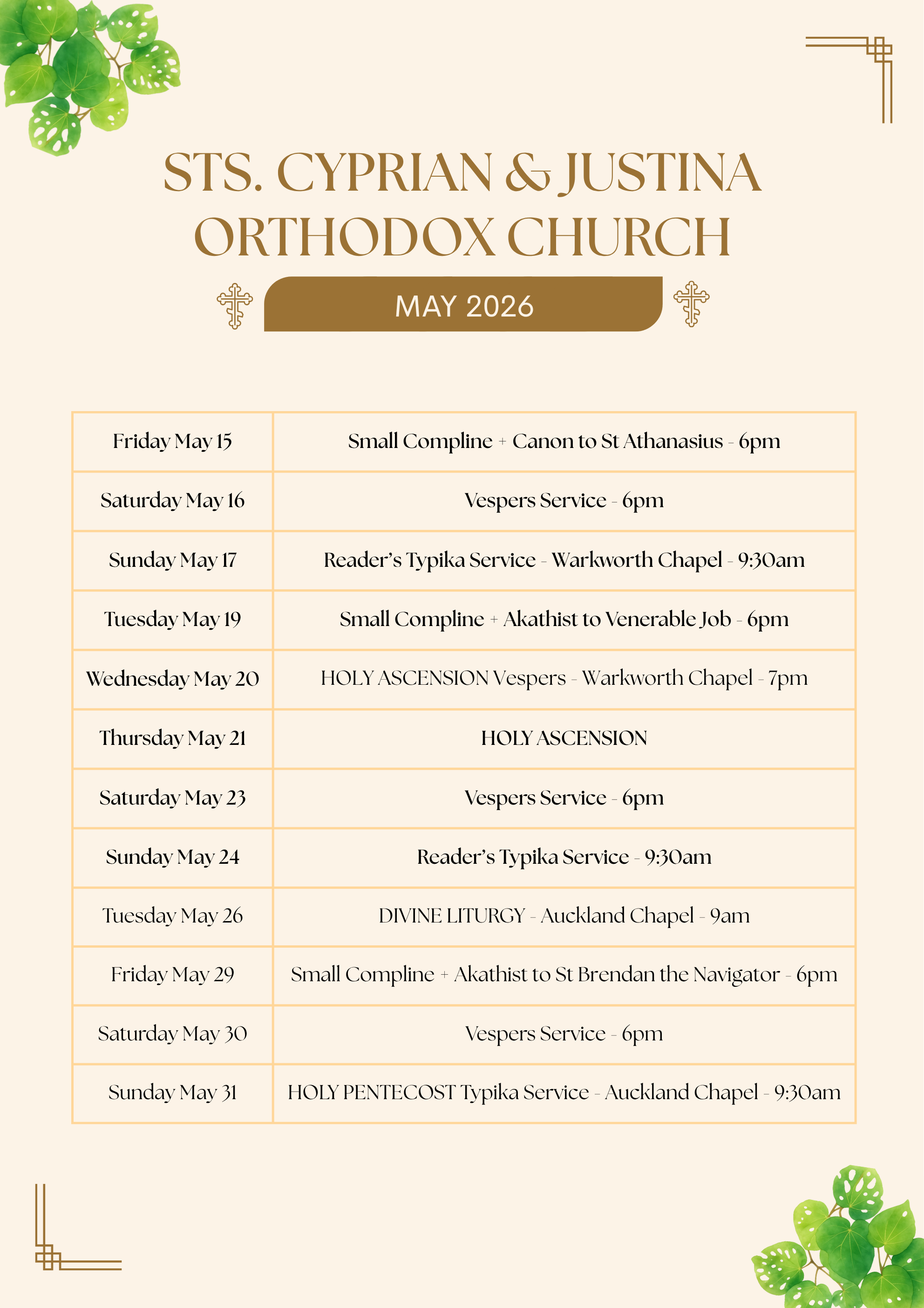 May 2026 service schedule for Sts Cyprian & Justina Orthodox Church, including Vespers, Small Compline, Akathists, Reader’s Typika, and Divine Liturgy