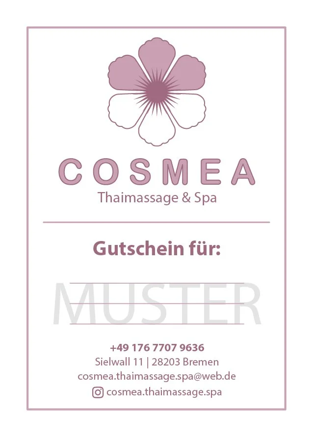 Geschenkgutschein für Cosmea, eine Thai-Massage- und Spa-Einrichtung, mit Blumenlogo, Kontaktinformationen und Adresse in Bremen.