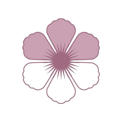 Illustration einer stilisierten Blume mit sechs Blütenblättern in Pastellfarben.