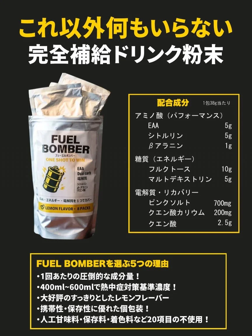 現在飲んでいる商品や、購入を検討している商品の裏側を、少しだけ覗いてみてください👀

世の中には「オールインワン」を謳う商品が数多く存在します。
しかし、その商品には「1回分にどれだけの量が入っているか」が正確に書かれていますか？
逆に、「どれだけの不要なものを使っていないか」が明記されていますか？

記載のためだけの微量配合や、数字を大きく見せるようなトリック。
FUEL BOMBERは、そのような記載は一切しません🙅&zwj;♂️

そして、圧倒的な成分を詰め込む一方で、【あえて配合しな