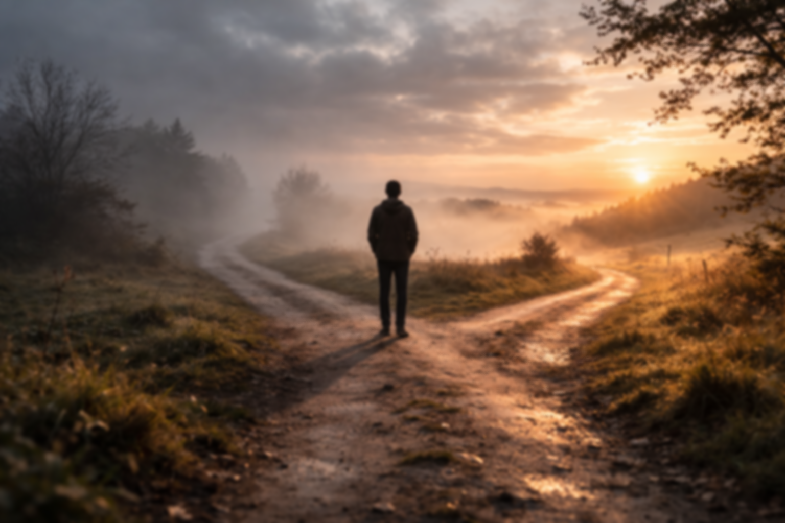 Ein Mensch steht auf einer verschlungenen Straße am Morgen mit Sonnenaufgang und Nebel in einer ländlichen Landschaft, umgeben von Bäumen.