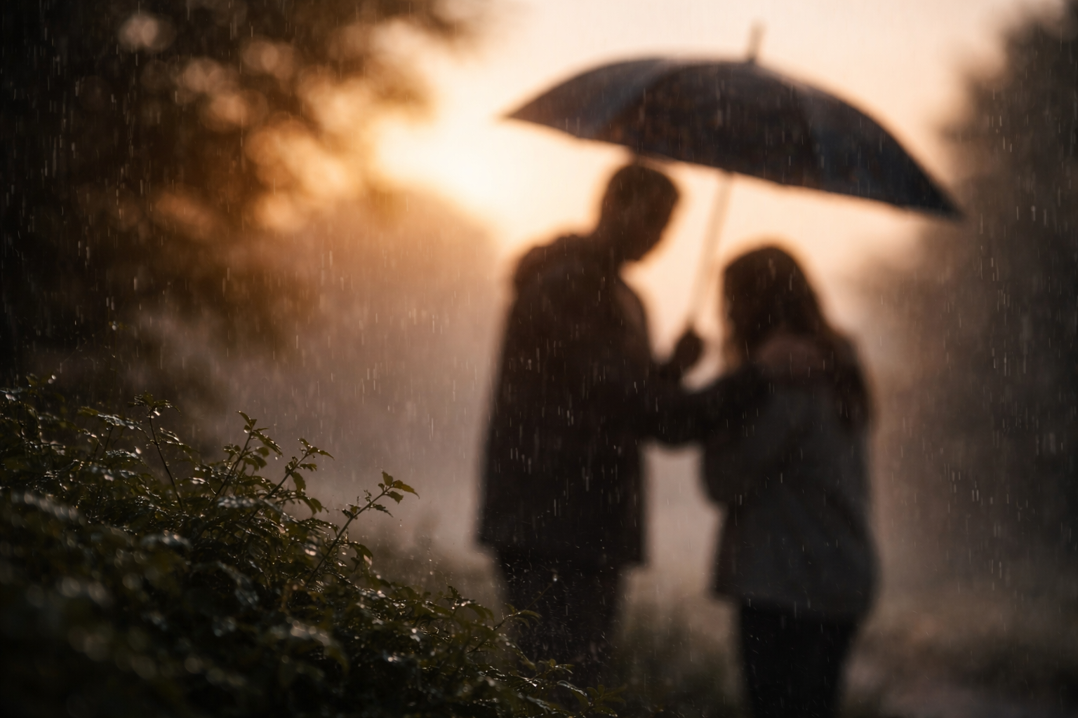 Zwei Menschen unter einem Regenschirm bei Regen, im Hintergrund ein orangefarbenes Licht, unscharf, romantische Szene