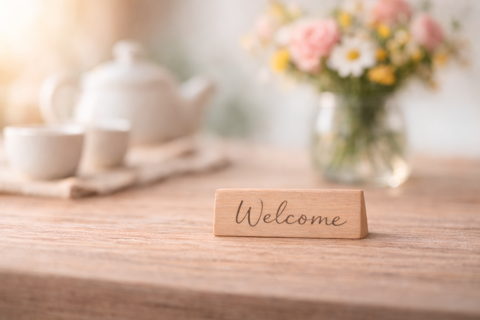 Ein Holzwürfel mit der Aufschrift 'Welcome' vor einem Blumenstrauß in einer Glasvase im Hintergrund.