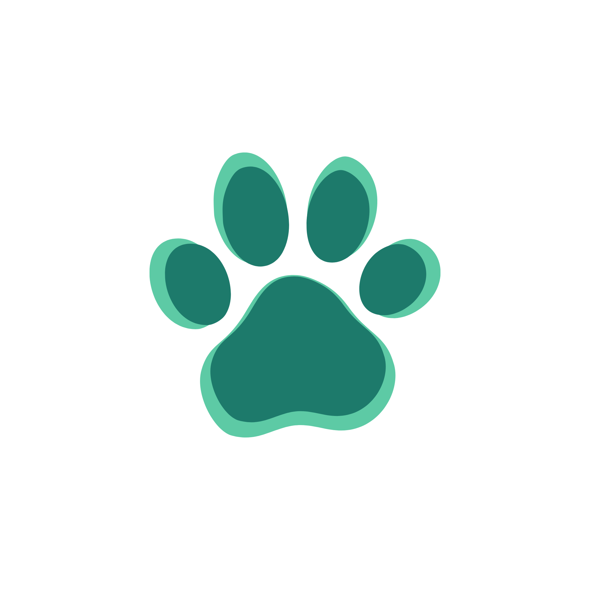 A stylized illustration of a green paw print with dark green pads on a black background.